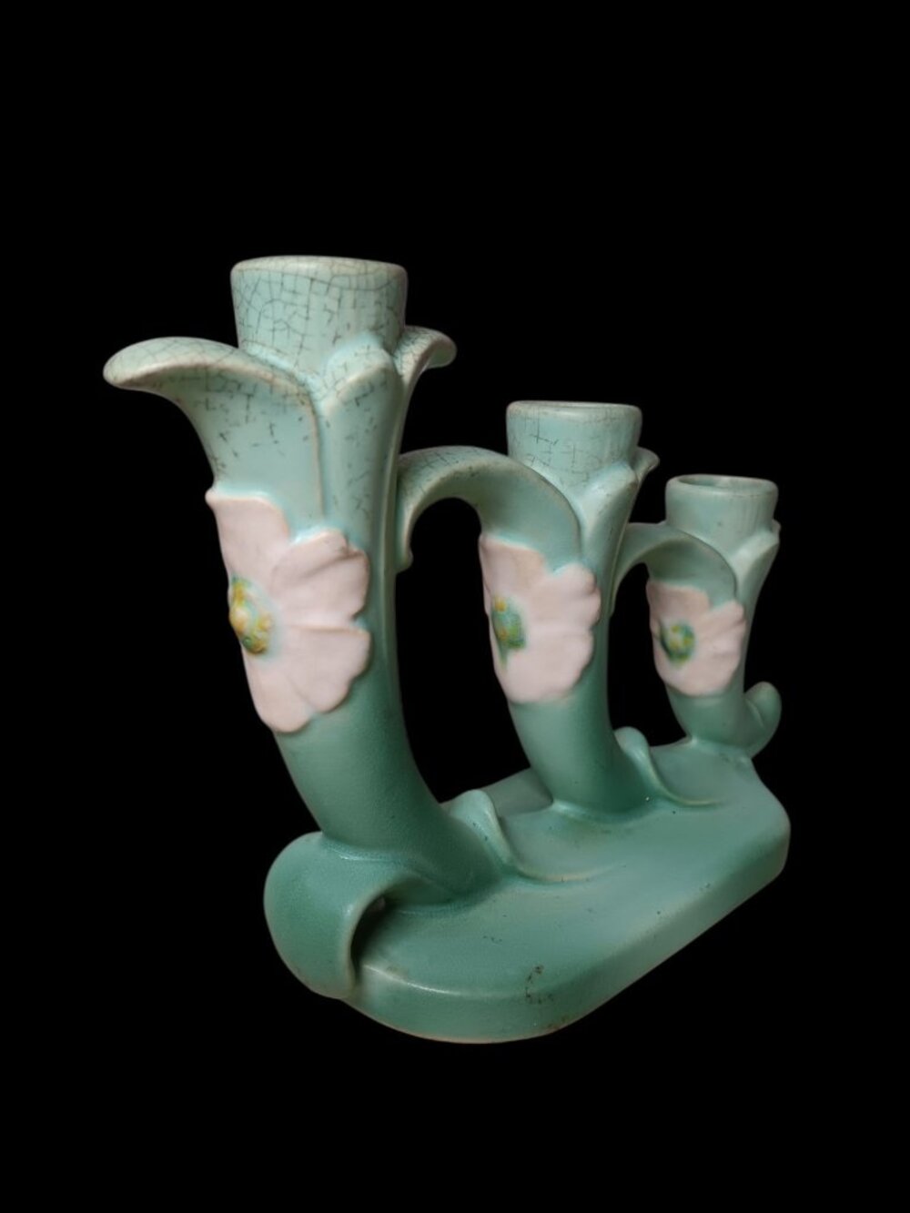 1930s Weller Pottery Wild Rose Triple Branch Candle Holder Candelabra Green